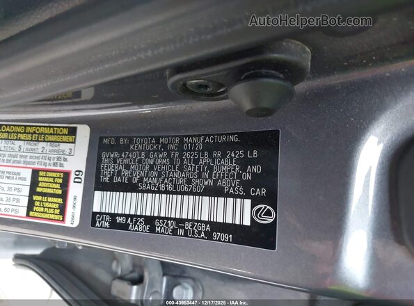 58AGZ1B16LU067607 2020 LEXUS ES 350 Gray Вид підкапотного простору
