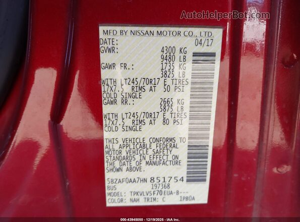 5BZAF0AA7HN851754 2017 NISSAN NV PASSENGER NV3500 HD Burgundy Вид підкапотного простору