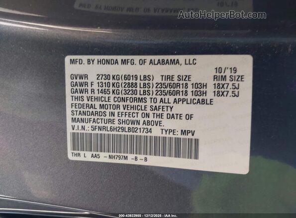 5FNRL6H29LB021734 2020 HONDA ODYSSEY Gray Engine compartment view
