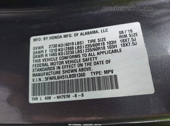 5FNRL6H51LB001360 2020 HONDA ODYSSEY Gray Вид підкапотного простору