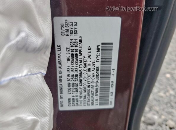 5FNRL6H54LB054988 2020 HONDA ODYSSEY Burgundy VIN կոդի պիտակի տեսք