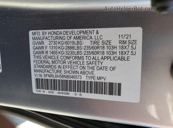 5FNRL6H58NB046573 2022 HONDA ODYSSEY Gray Vista de la etiqueta del VIN