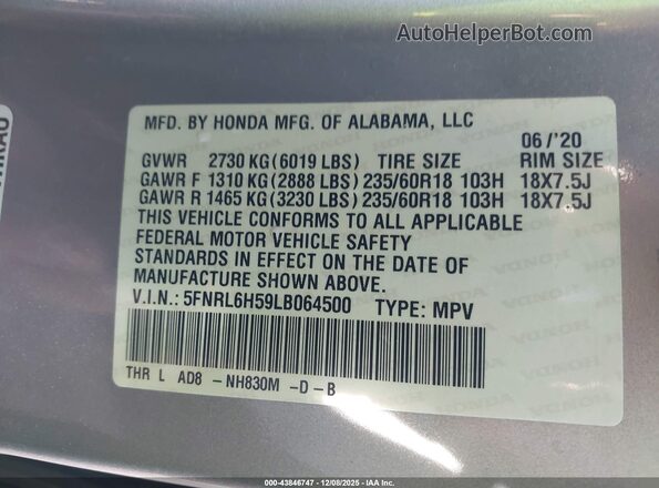 5FNRL6H59LB064500 2020 HONDA ODYSSEY Silver Շարժիչի բաժամունքի տեսք