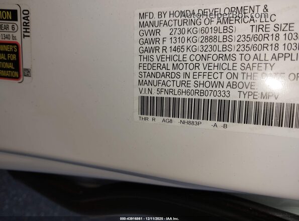 5FNRL6H60RB070333 2024 HONDA ODYSSEY White Widok komory silnika