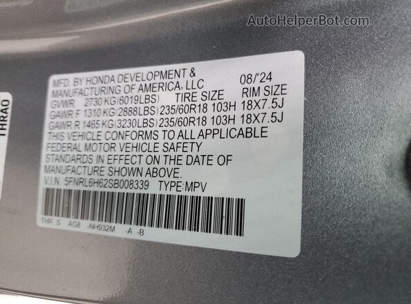 5FNRL6H62SB008339 2025 HONDA ODYSSEY Silver სალონის 360-გრადუსიანი ხედი
