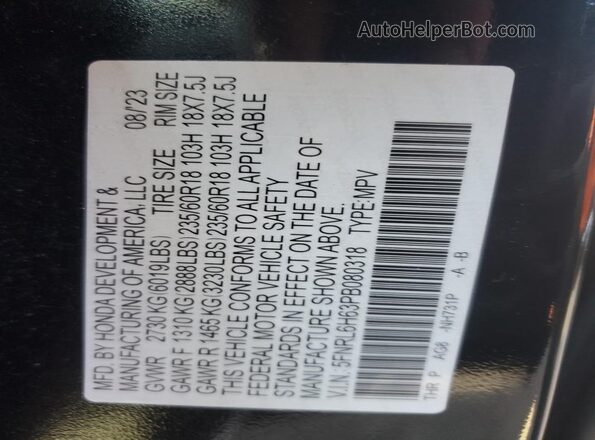 5FNRL6H63PB080318 2023 HONDA ODYSSEY Черный Вид наклейки с VIN-кодом