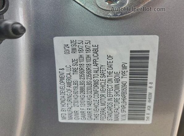 5FNRL6H64RB050943 2024 HONDA ODYSSEY Silver Widok naklejki z numerem VIN