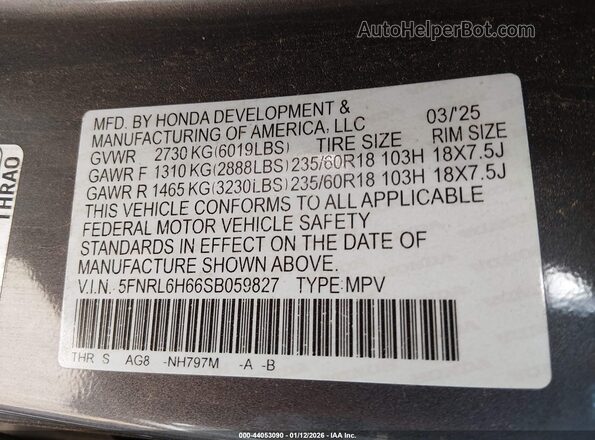 5FNRL6H66SB059827 2025 HONDA ODYSSEY Gray 