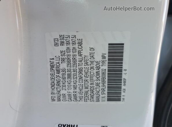 5FNRL6H68RB008632 2024 HONDA ODYSSEY White Vista de la etiqueta del VIN