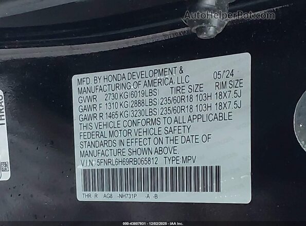 5FNRL6H69RB065812 2024 HONDA ODYSSEY Black Vista del compartimento del motor