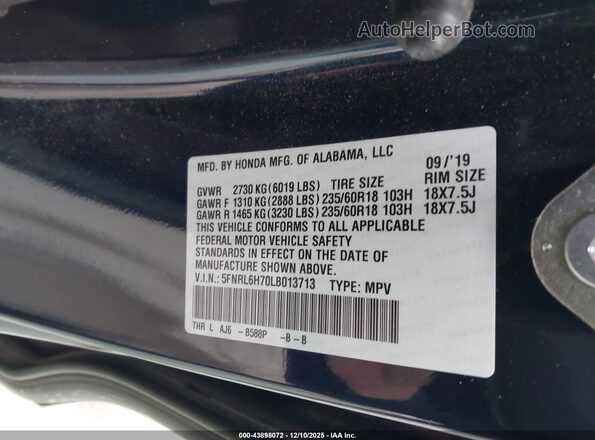 5FNRL6H70LB013713 2020 HONDA ODYSSEY Blue Շարժիչի բաժամունքի տեսք