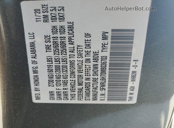 5FNRL6H70MB036703 2021 HONDA ODYSSEY Угольный Вид наклейки с VIN-кодом