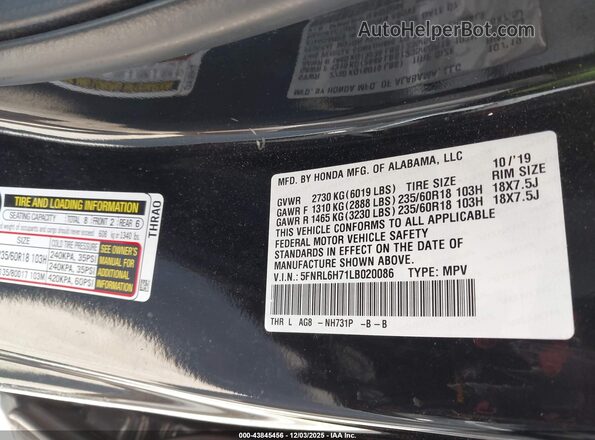 5FNRL6H71LB020086 2020 HONDA ODYSSEY Black Շարժիչի բաժամունքի տեսք