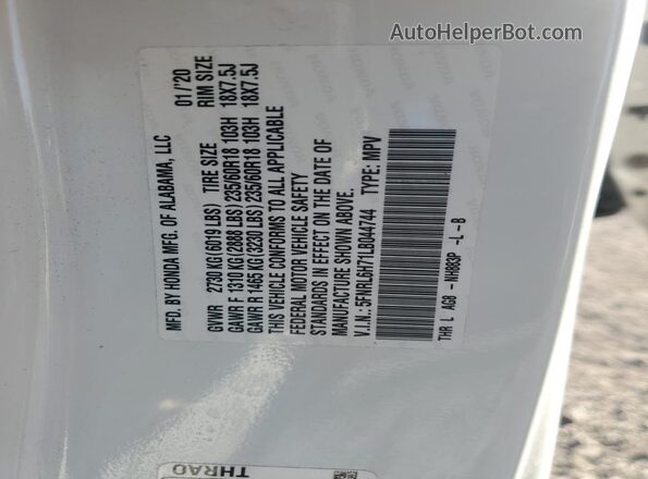 5FNRL6H71LB044744 2020 HONDA ODYSSEY White Widok wnętrza 360 stopni