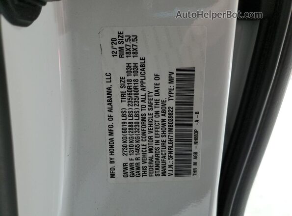 5FNRL6H71MB039822 2021 HONDA ODYSSEY Белый Вид наклейки с VIN-кодом