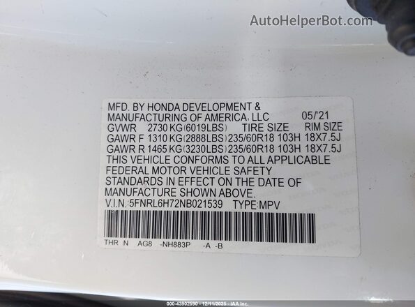 5FNRL6H72NB021539 2022 HONDA ODYSSEY White Engine compartment view