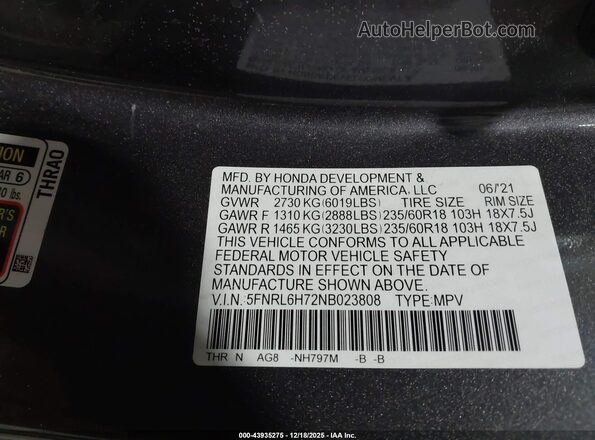 5FNRL6H72NB023808 2022 HONDA ODYSSEY Gray Widok komory silnika