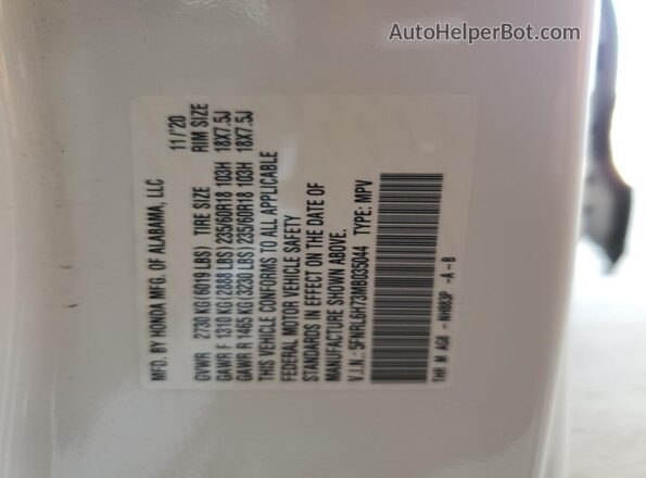 5FNRL6H73MB035044 2021 HONDA ODYSSEY White Vista interior de 360 grados