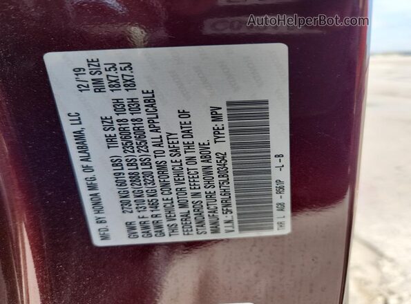 5FNRL6H75LB034542 2020 HONDA ODYSSEY Burgundy Vista de la etiqueta del VIN