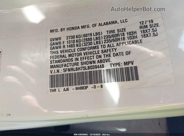 5FNRL6H75LB039448 2020 HONDA ODYSSEY White Widok komory silnika