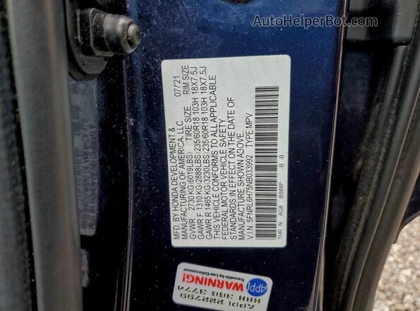 5FNRL6H75NB033992 2022 HONDA ODYSSEY Blue Widok naklejki z numerem VIN