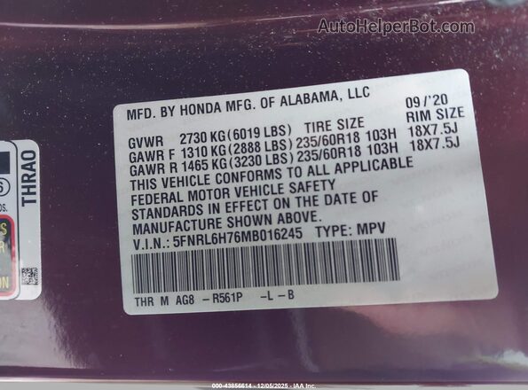 5FNRL6H76MB016245 2021 HONDA ODYSSEY Red Շարժիչի բաժամունքի տեսք