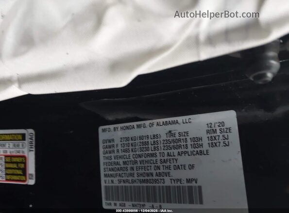 5FNRL6H76MB039573 2021 HONDA ODYSSEY Black 