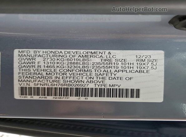5FNRL6H76RB026927 2024 HONDA ODYSSEY Blue Vista interior de 360 grados