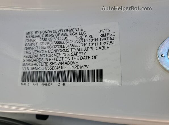 5FNRL6H76SB045192 2025 HONDA ODYSSEY White VIN կոդի պիտակի տեսք