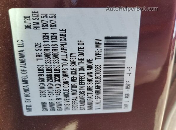 5FNRL6H78LB070063 2020 HONDA ODYSSEY Burgundy Widok wnętrza 360 stopni