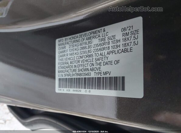 5FNRL6H78NB035493 2022 HONDA ODYSSEY Gray Вид підкапотного простору