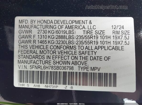 5FNRL6H78SB036798 2025 HONDA ODYSSEY Black Vista del compartimento del motor