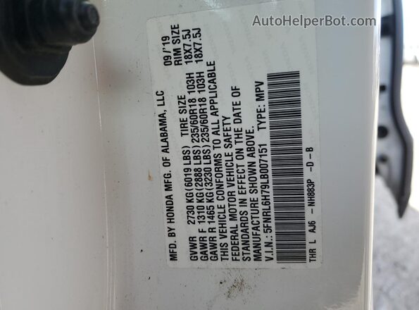 5FNRL6H79LB007151 2020 HONDA ODYSSEY White VIN կոդի պիտակի տեսք