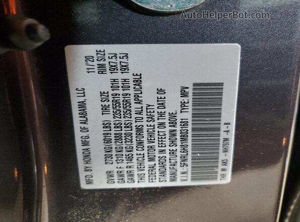 5FNRL6H81MB031681 2021 HONDA ODYSSEY Gray VIN კოდის სტიკერის ხედი