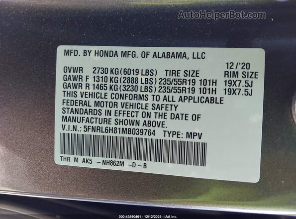 5FNRL6H81MB039764 2021 HONDA ODYSSEY Gray 
