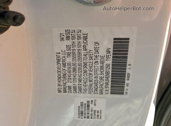 5FNRL6H82NB012560 2022 HONDA ODYSSEY White VIN sticker view
