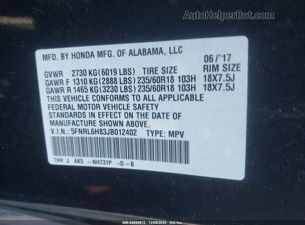 5FNRL6H83JB012402 2018 HONDA ODYSSEY Black 