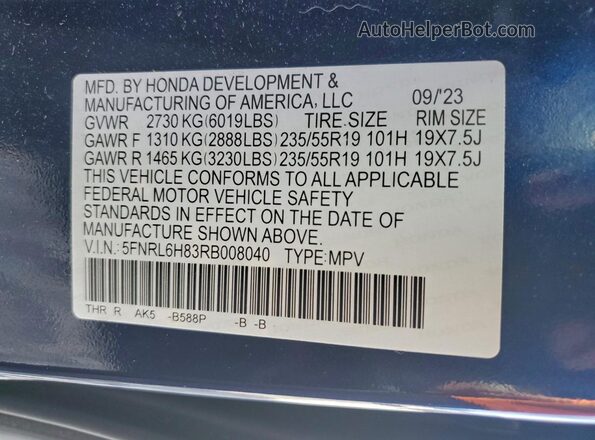 5FNRL6H83RB008040 2024 HONDA ODYSSEY Blue Vista interior de 360 grados