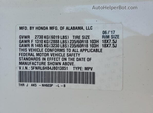 5FNRL6H84JB013851 2018 HONDA ODYSSEY White 