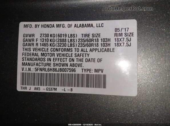 5FNRL6H86JB007596 2018 HONDA ODYSSEY Gray 