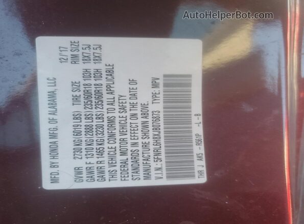 5FNRL6H8XJB076873 2018 HONDA ODYSSEY Burgundy 