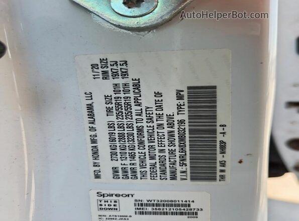5FNRL6H8XMB032196 2021 HONDA ODYSSEY White Vista de la etiqueta del VIN