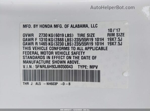 5FNRL6H93JB050043 2018 HONDA ODYSSEY White Շարժիչի բաժամունքի տեսք