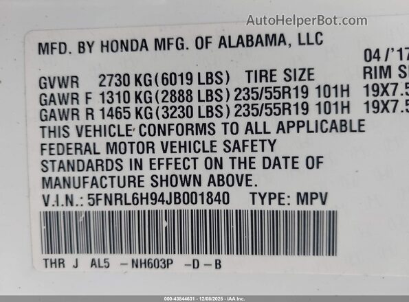 5FNRL6H94JB001840 2018 HONDA ODYSSEY White Vista del compartimento del motor