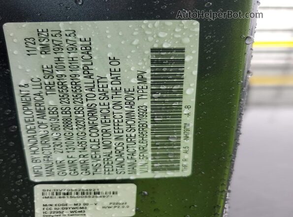 5FNRL6H95RB019923 2024 HONDA ODYSSEY Серый Вид наклейки с VIN-кодом