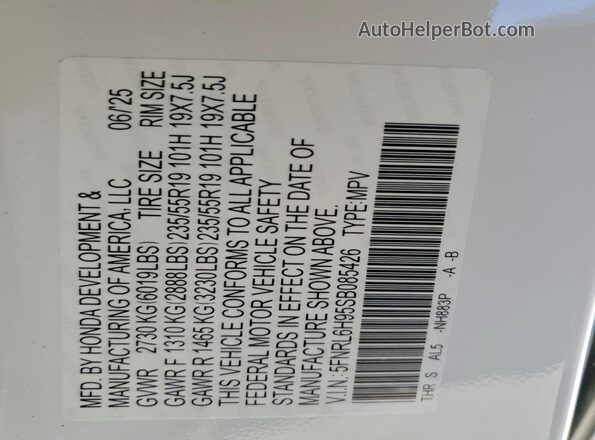 5FNRL6H95SB085426 2025 HONDA ODYSSEY White Widok naklejki z numerem VIN