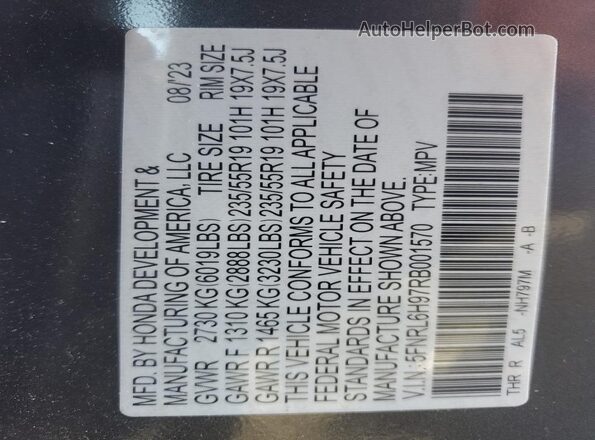 5FNRL6H97RB001570 2024 HONDA ODYSSEY Charcoal VIN კოდის სტიკერის ხედი