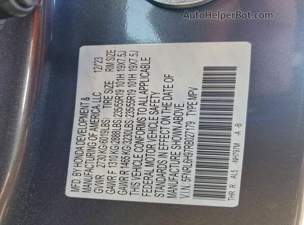 5FNRL6H97RB027179 2024 HONDA ODYSSEY Серебряный Панорамный вид салона 360°