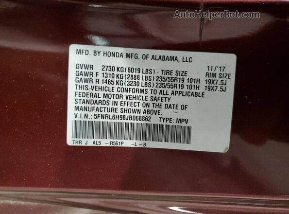 5FNRL6H98JB068862 2018 HONDA ODYSSEY Maroon 