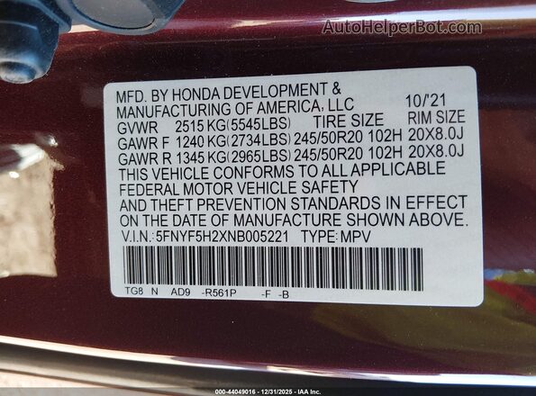 5FNYF5H2XNB005221 2022 HONDA PILOT Maroon Vista del compartimento del motor